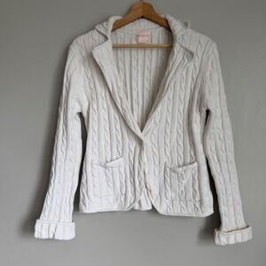 Central Park West Y2K White Cable Knit Cardigan Blazer Sweater Cotton M Preppy